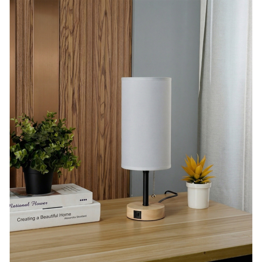 Brilagi - Pöytävalaisin USB-portilla TABLON 1xE27/25W/230V tammi/musta/valkoinen