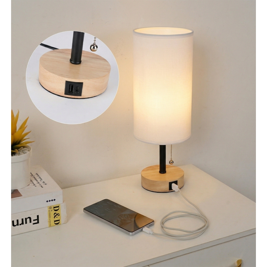 Brilagi - Pöytävalaisin USB-portilla TABLON 1xE27/25W/230V tammi/musta/valkoinen