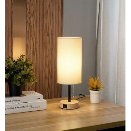 Brilagi - Pöytävalaisin USB-portilla TABLON 1xE27/25W/230V tammi/musta/valkoinen
