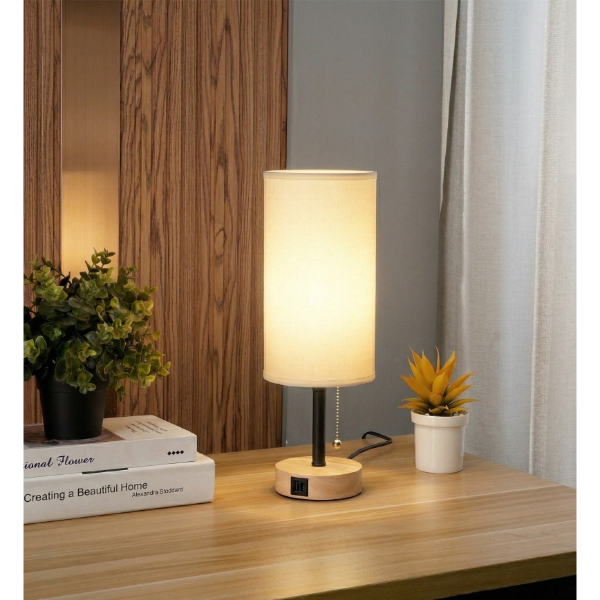 Brilagi - Pöytävalaisin USB-portilla TABLON 1xE27/25W/230V tammi/musta/valkoinen