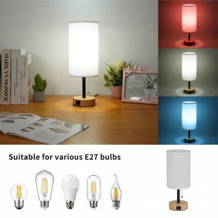 Brilagi - Pöytävalaisin USB-portilla TABLON 1xE27/25W/230V tammi/musta/valkoinen