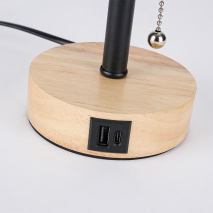 Brilagi - Pöytävalaisin USB-portilla TABLON 1xE27/25W/230V tammi/musta/valkoinen