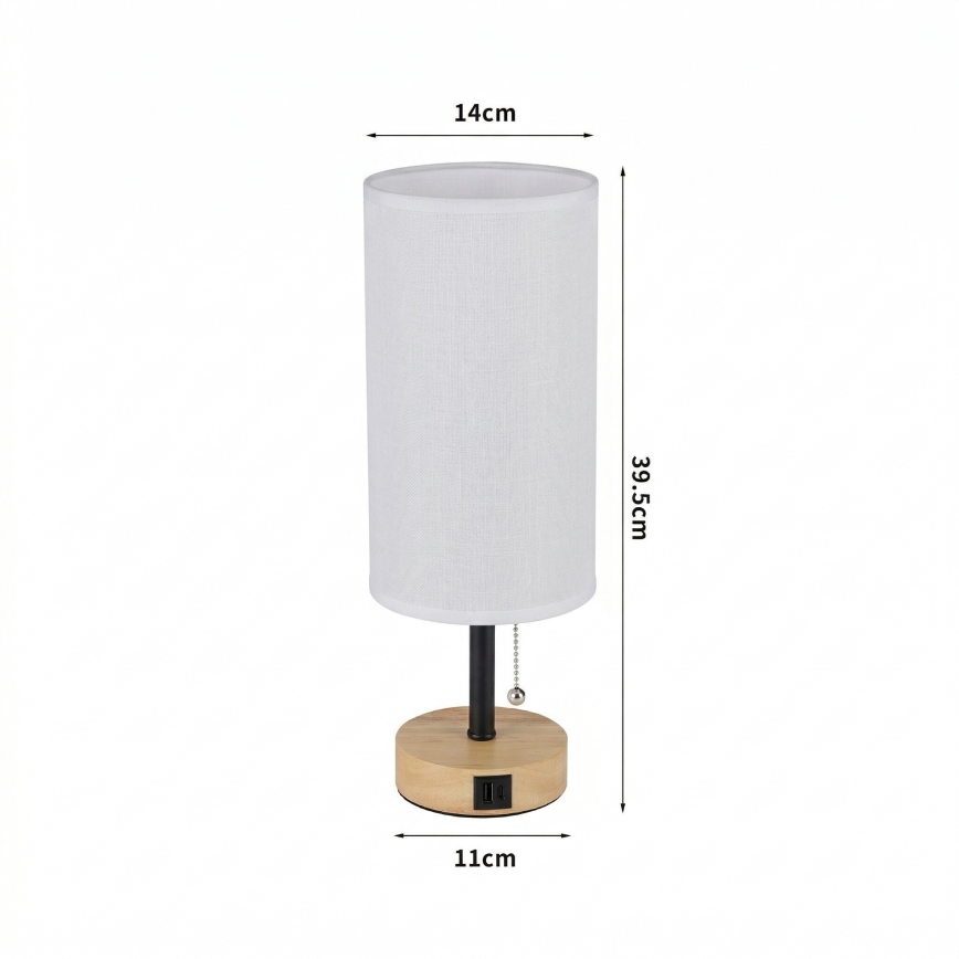 Brilagi - Pöytävalaisin USB-portilla TABLON 1xE27/25W/230V tammi/musta/valkoinen