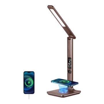 Brilagi - REGINA LED himmennettävä pöytälamppu langattomalla QI-latauksella ja USB-liitännällä, LED/8,5W/230V, ruskea