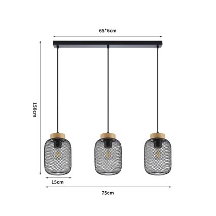 Brilagi - Riippuvalaisin johdolla BASKLITE 3xE27/15W/230V puu/musta