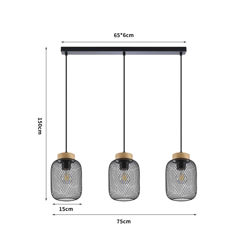 Brilagi - Riippuvalaisin johdolla BASKLITE 3xE27/15W/230V puu/musta