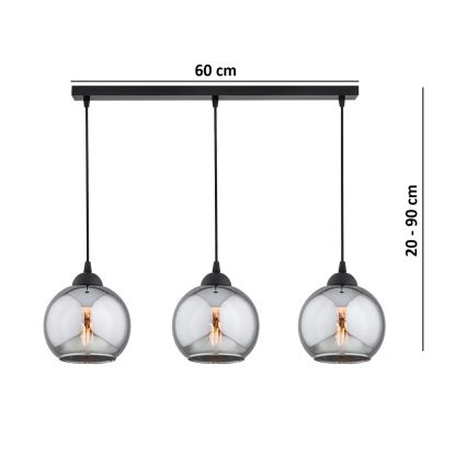 Brilagi - Riippuvalaisin vaijerilla DIOR 3xE27/60W/230V musta/savunharmaa