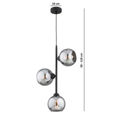 Brilagi - Riippuvalaisin vaijerilla DIOR 3xE27/60W/230V musta/savunharmaa
