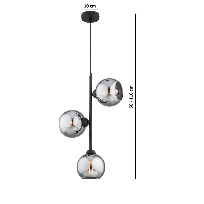 Brilagi - Riippuvalaisin vaijerilla DIOR 3xE27/60W/230V musta/savunharmaa