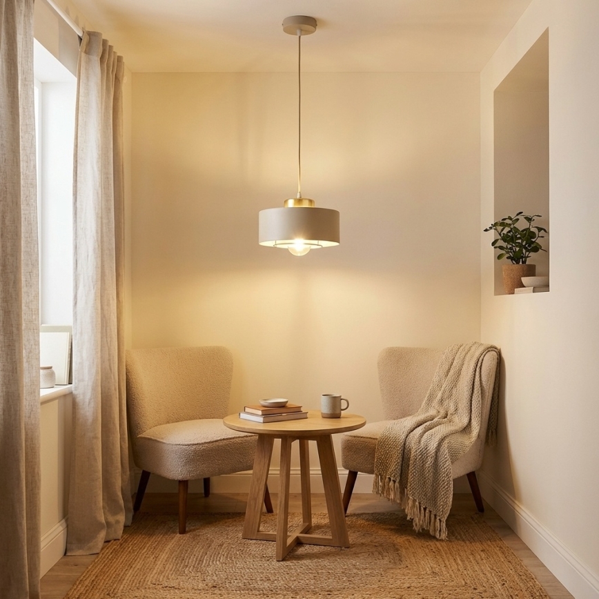 Brilagi - Riippuvalaisin vaijerilla, SPRING 1x E27/60W/230V, halkaisija 20 cm, beige/kultainen