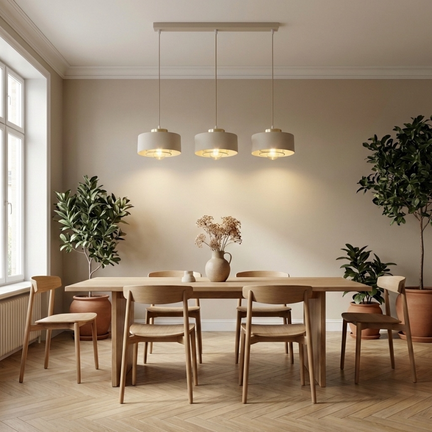 Brilagi - Riippuvalaisin vaijerilla SPRING 3xE27/60W/230V beige/kulta