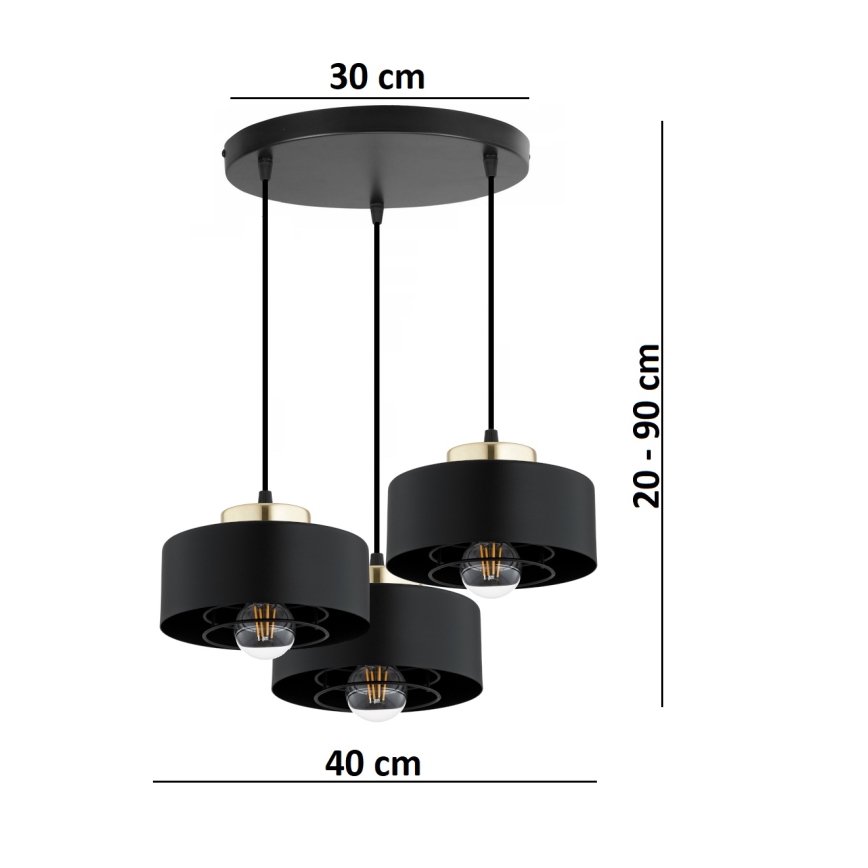 Brilagi - Riippuvalaisin vaijerilla SPRING 3xE27/60W/230V musta/kulta