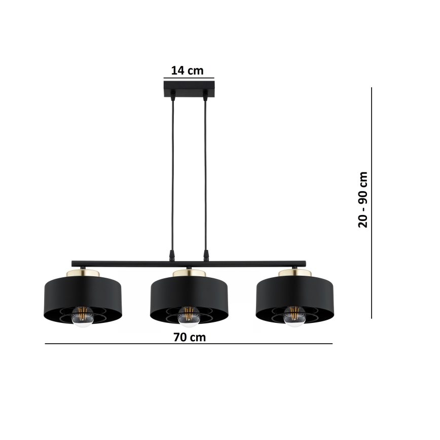 Brilagi - Riippuvalaisin vaijerilla SPRING 3xE27/60W/230V musta/kulta