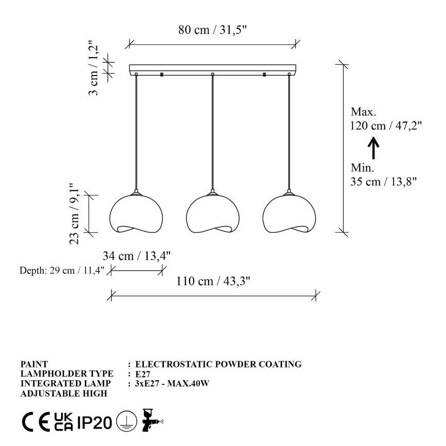 Brilagi - Riippuvalaisin vaijerilla WABI SABI 3xE27/40W/230V valkoinen