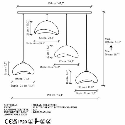 Brilagi - Riippuvalaisin vaijerilla WABI SABI 4xE27/40W/230V valkoinen