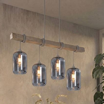 BRILAGI - WOOD GLASS riippuvalaisin vaijerilla 4xE27/60W/230V mänty/harmaa/savunharmaa