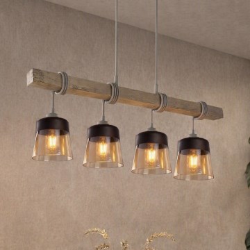 BRILAGI - Riippuvalaisin vaijerilla WOOD GLASS 4xE27/60W/230V mänty/harmaa/savunruskea