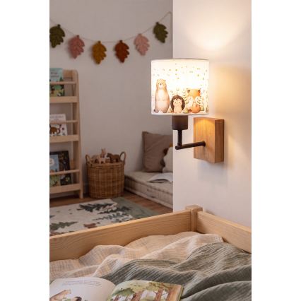 BRILAGI - Lasten seinävalaisin BOBO WOOD 1xE27/25W/230V tammi/musta/valkoinen/eläinaihe
