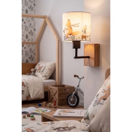 BRILAGI - Lasten seinävalaisin BOBO WOOD 1xE27/25W/230V tammi/musta/valkoinen/eläinhahmot