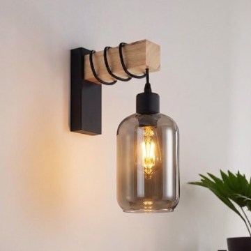 BRILAGI - Seinävalaisin WOOD GLASS 1xE27/60W/230V mänty/musta/savunharmaa
