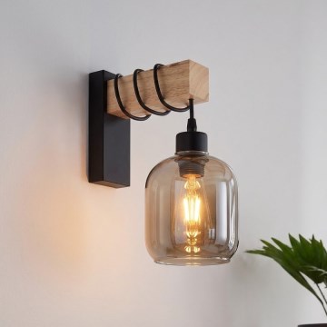 BRILAGI - Seinävalaisin WOOD GLASS 1xE27/60W/230V mänty/musta/savunharmaa