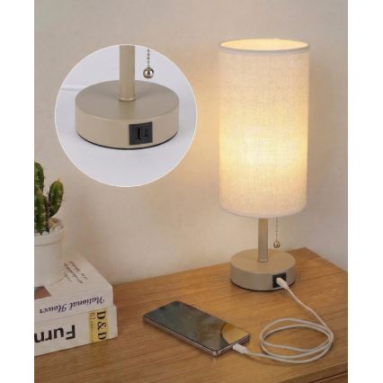Brilagi - TABLON pöytävalaisin USB-portilla 1xE27/25W/230V beige/valkoinen