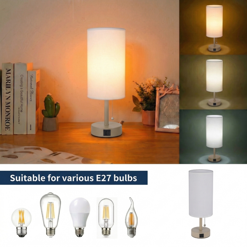 Brilagi - TABLON pöytävalaisin USB-portilla 1xE27/25W/230V beige/valkoinen