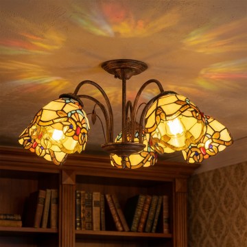 Brilagi - Tiffany-tyylinen lasimosaiikkikattokruunu MIRABELLA, pinta-asennettava, 5xE27/60W/230V, halkaisija 60 cm