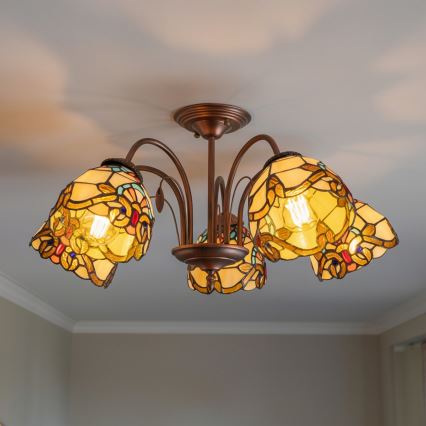 Brilagi - Tiffany-tyylinen lasimosaiikkikattokruunu MIRABELLA, pinta-asennettava, 5xE27/60W/230V, halkaisija 60 cm