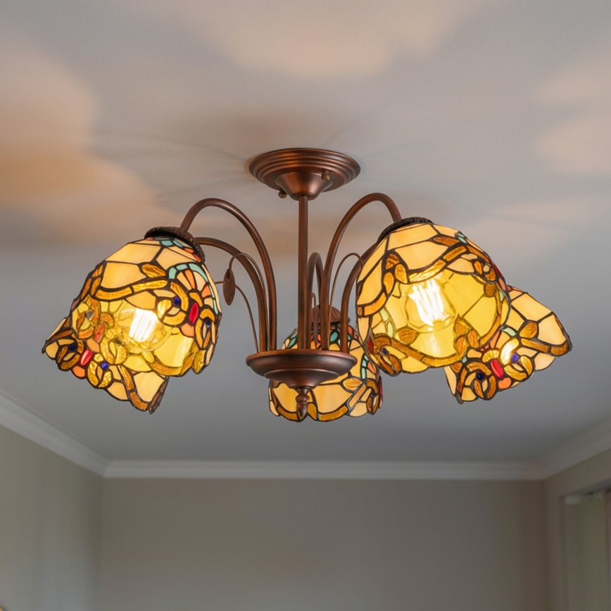 Brilagi - Tiffany-tyylinen lasimosaiikkikattokruunu MIRABELLA, pinta-asennettava, 5xE27/60W/230V, halkaisija 60 cm