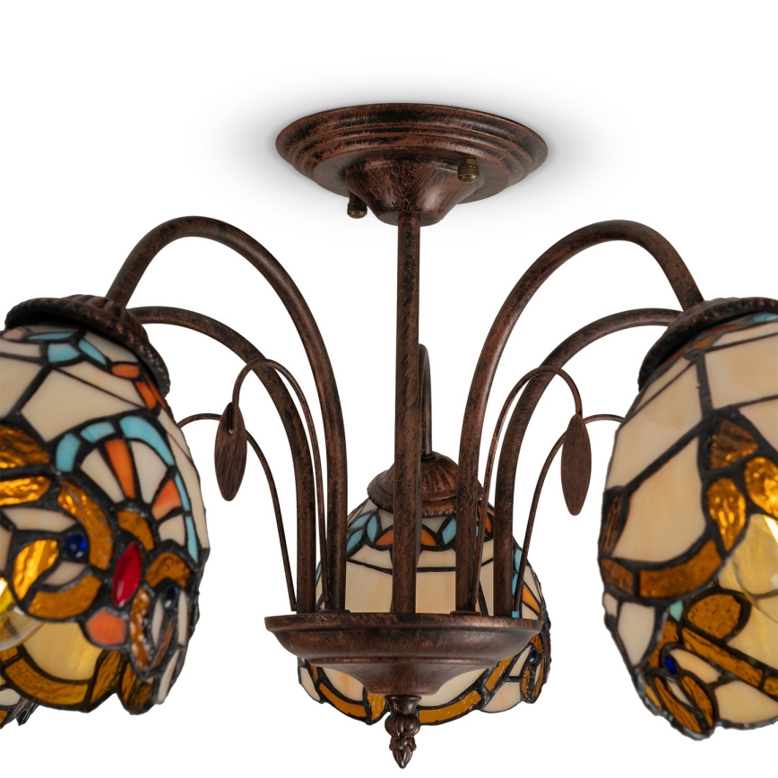 Brilagi - Tiffany-tyylinen lasimosaiikkikattokruunu MIRABELLA, pinta-asennettava, 5xE27/60W/230V, halkaisija 60 cm
