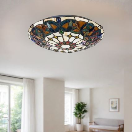 Brilagi - Tiffany-tyylinen lasimosaiikkikattovalaisin LUISA 2xE27/60W/230V, halkaisija 40 cm