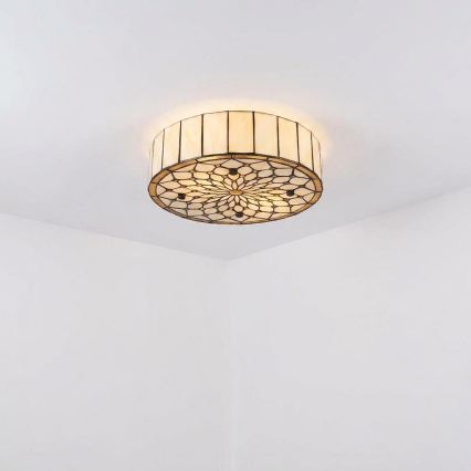 Brilagi - Tiffany-tyylinen lasimosaiikkikattovalaisin, luunvalkoinen, 3 x E27/60 W/230 V, Ø 40 cm