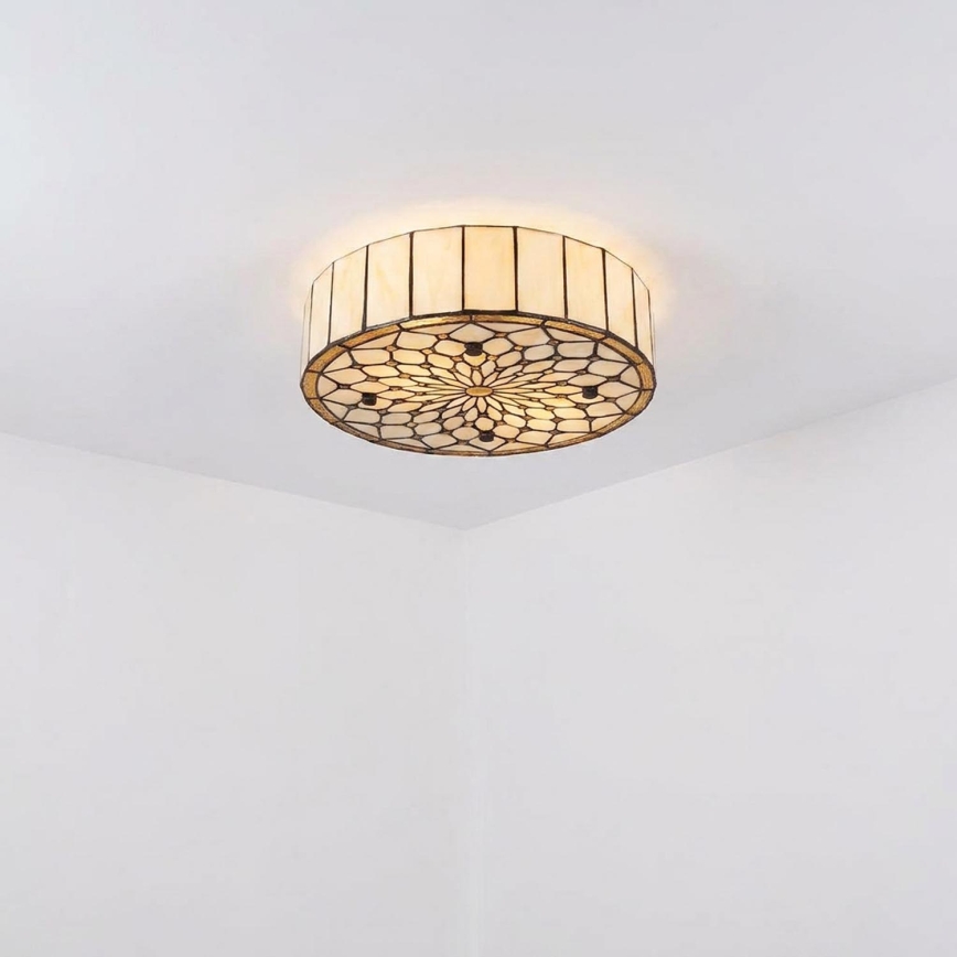 Brilagi - Tiffany-tyylinen lasimosaiikkikattovalaisin, luunvalkoinen, 3 x E27/60 W/230 V, Ø 40 cm