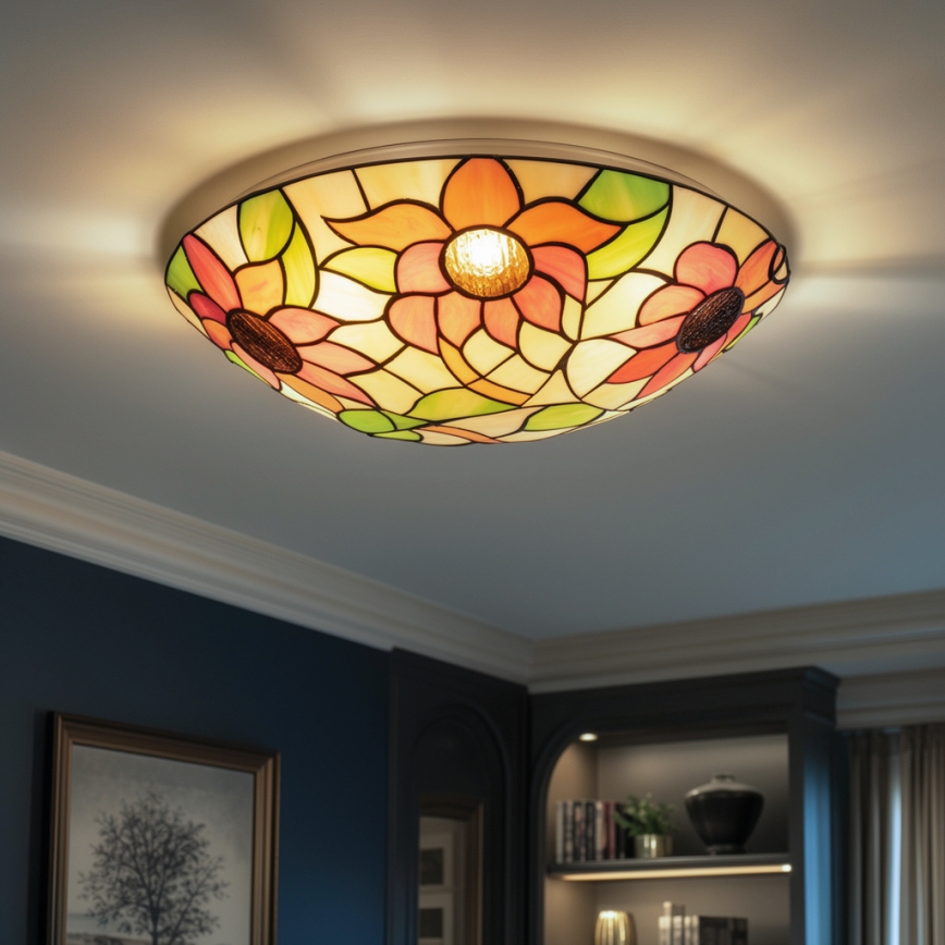 Brilagi - Tiffany-tyylinen lasimosaiikkinen kattovalaisin SUNFLOWER, 2 x E27, max. 60 W, 230 V, halkaisija 40 cm