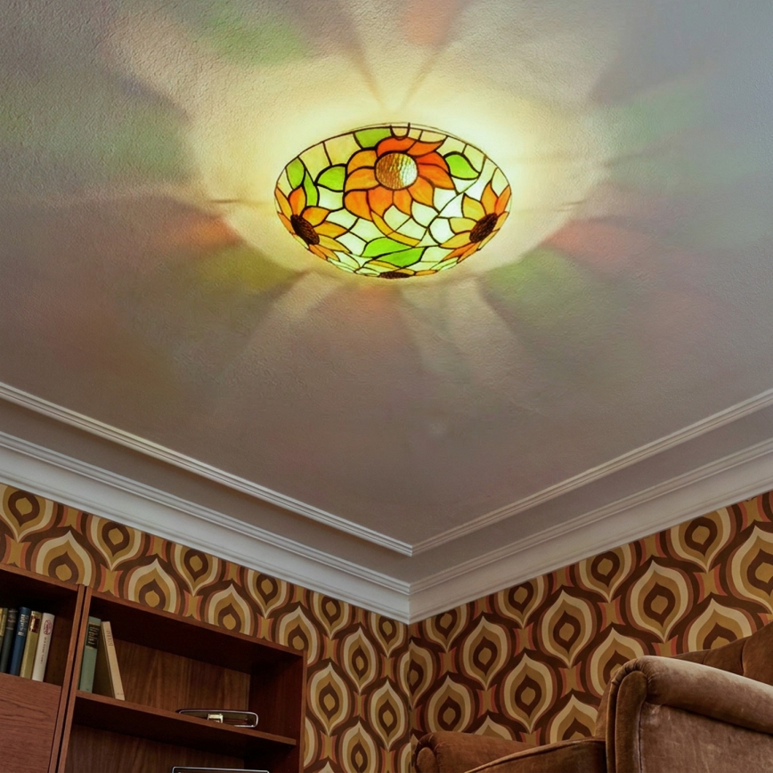 Brilagi - Tiffany-tyylinen lasimosaiikkinen kattovalaisin SUNFLOWER, 2 x E27, max. 60 W, 230 V, halkaisija 40 cm