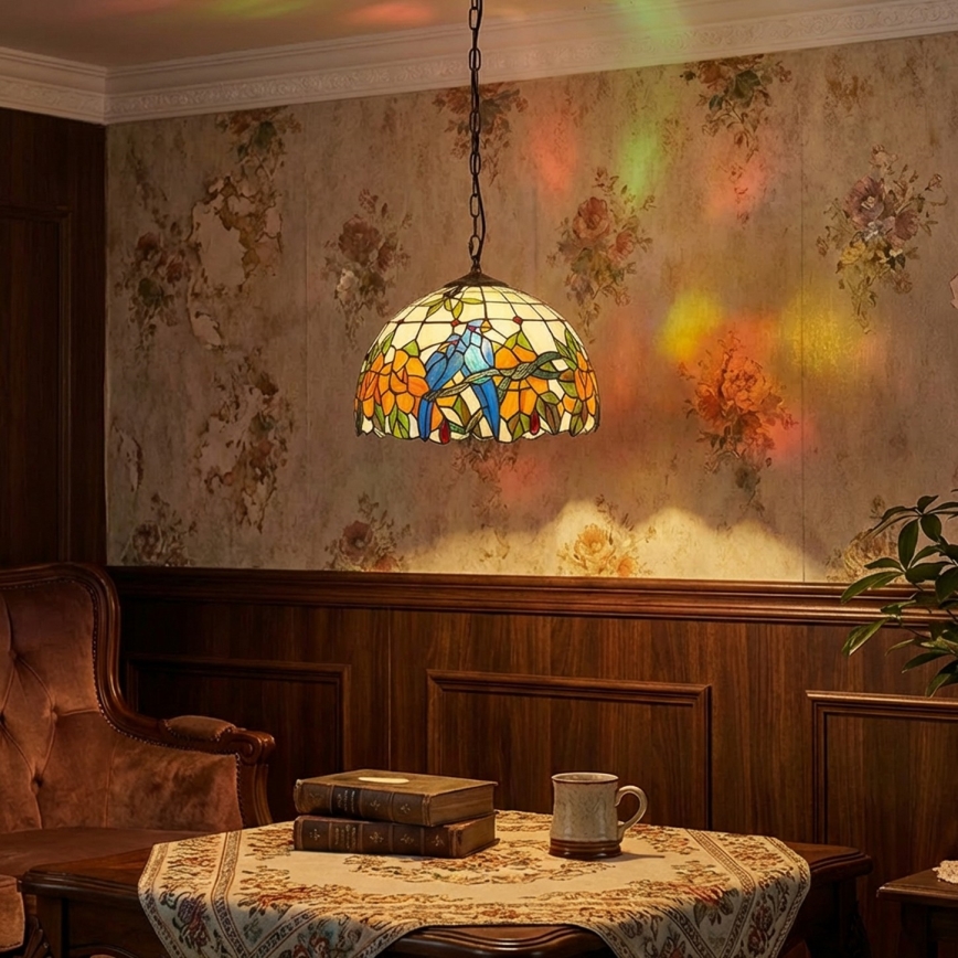 Brilagi - Tiffany-tyylinen lasimosaiikkiriippuvalaisin ketjulla JUNGLE 1xE27/60W/230V, halkaisija 40 cm