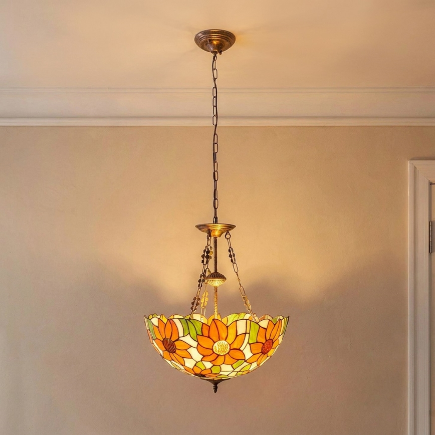 Brilagi - Tiffany-tyylinen vitraasiriippuvalaisin ketjulla SUNFLOWER 3xE27/60W/230V, halkaisija 50 cm