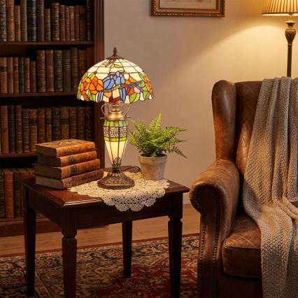 Brilagi - Tiffany-tyylinen vitraažinen pöytälamppu JUNGLE 1xE27/60W/230V + 1xE14/40W