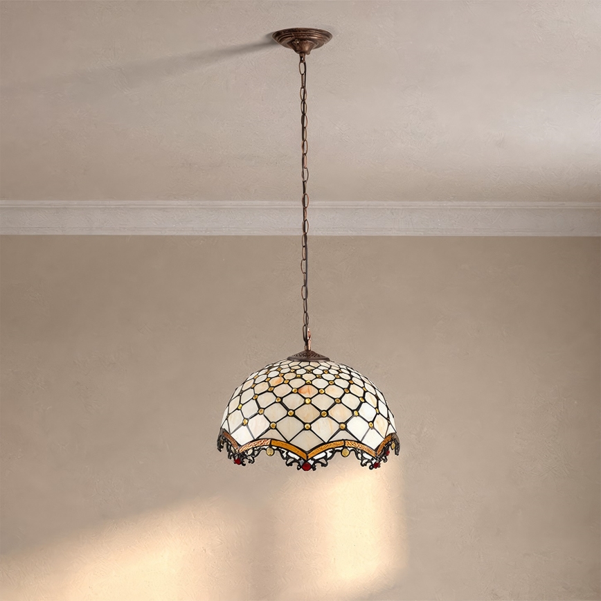 Brilagi - Tiffany-tyylinen vitraažiriippuvalaisin ketjulla, luunvalkoinen, 1xE27/60W/230V, halkaisija 40 cm