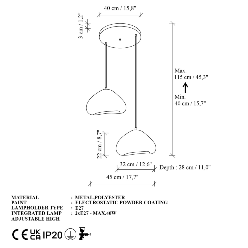 Brilagi - tyylikäs WABI SABI-riippuvalaisin kaapelilla, 2xE27/40W/230V, halkaisija 45 cm, valkoinen