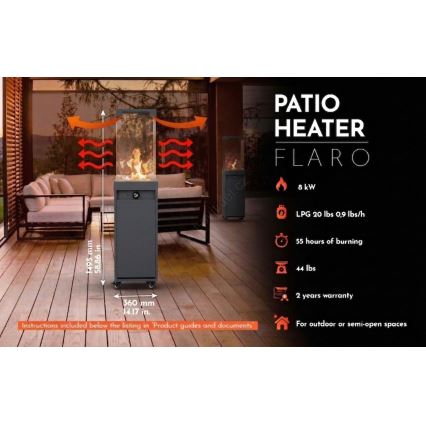 Brilagi - Ulkokäyttöinen kaasutakka FLARO GAS 142x36 cm 8kW 1xAAA antrasiitti + suojahuppu