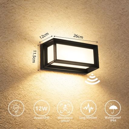 Brilagi - LED-ulkoseinävalaisin liiketunnistimella PARKER LED/12W/230V musta IP44