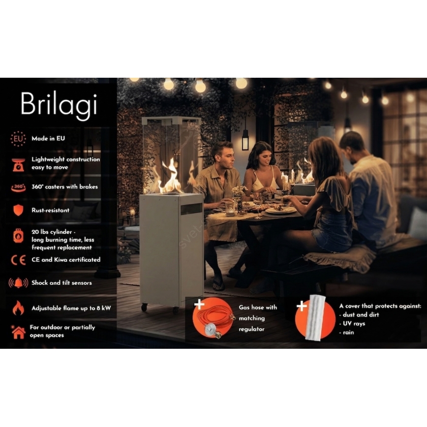 Brilagi - Ulkokäyttöinen kaasutakka FLARO GAS 142x36 cm 8kW 1xAAA harmaa + suojapeite
