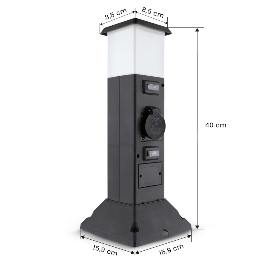 Brilagi - Ulkovalaisin, jossa 2 SCHUKO-pistorasiaa, 1xE14/15W/230V, IP44, musta