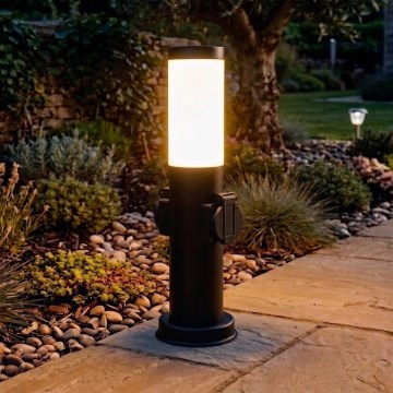 Brilagi - Ulkovalaisin, jossa 2 SCHUKO-pistorasiaa, NOVA, 1xE27/15W/230V, 40 cm, IP44, musta