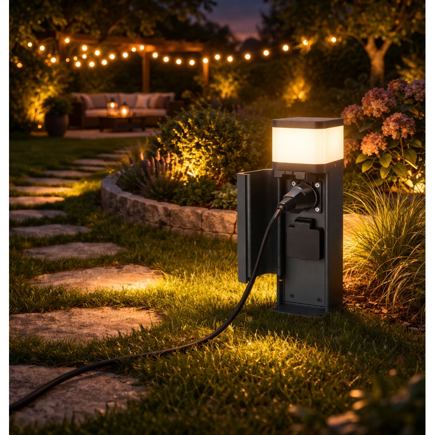 Brilagi - Ulkovalaisin PILLAR, jossa 2 SCHUKO-pistorasiaa, 1xG9/11W/230V, IP44, antrasiitti