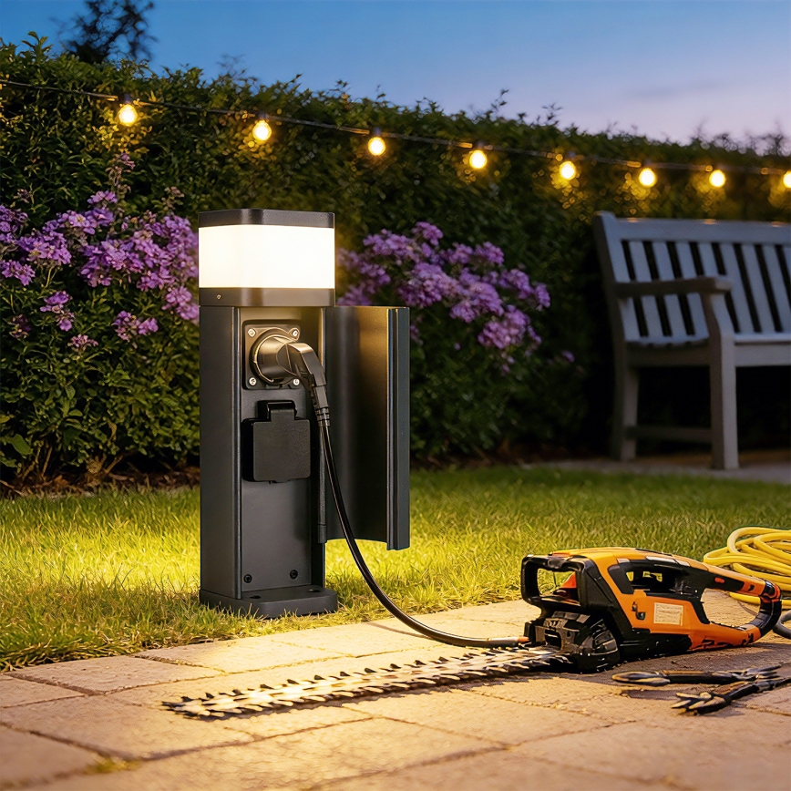 Brilagi - Ulkovalaisin PILLAR, jossa 2 SCHUKO-pistorasiaa, 1xG9/11W/230V, IP44, antrasiitti