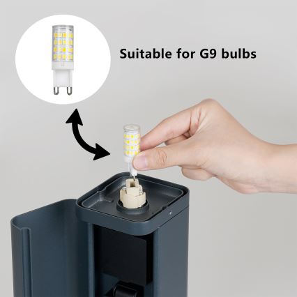 Brilagi - Ulkovalaisin PILLAR, jossa 2 SCHUKO-pistorasiaa, 1xG9/11W/230V, IP44, antrasiitti