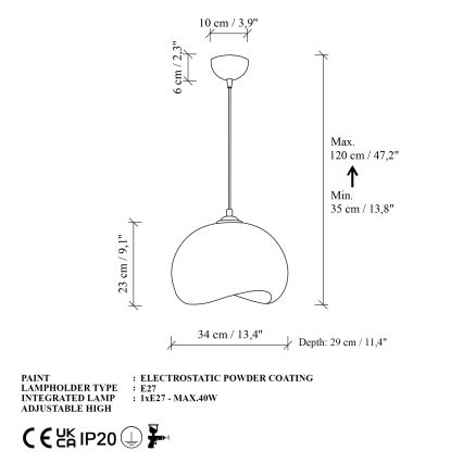Brilagi - WABI SABI-riippuvalaisin kaapelilla, 1xE27/40W/230V, Ø34 cm, valkoinen